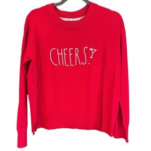Rae Dunn Cheers Sweater Red Drop Shoulders Side Splits Soft Lightweight | NWT